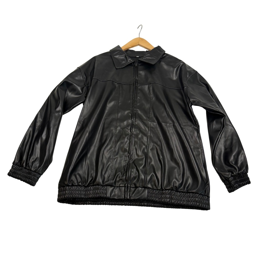 Unbranded Black Faux Leather Oversized Bomber Jacket Full Zip Collared Large